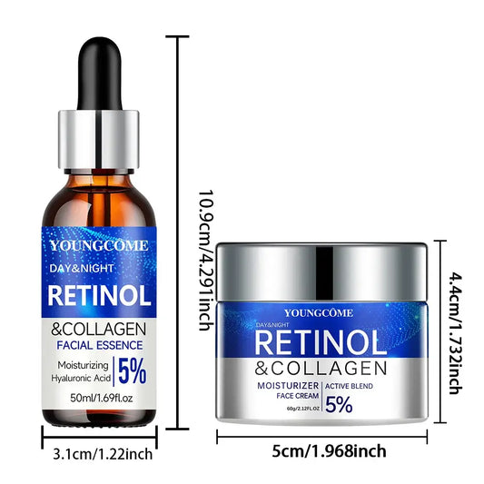 Retinol Cream Serum Duo | Smooth Wrinkles & Restore Youthful Skin Glow product set with serum and cream for radiant skin.