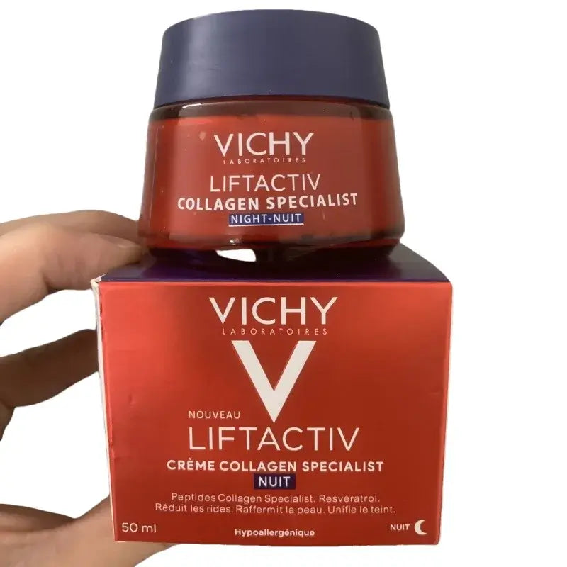 Vichy Collagen Night Cream & Retinol Serum | Rejuvenating Skincare with packaging and product jar.