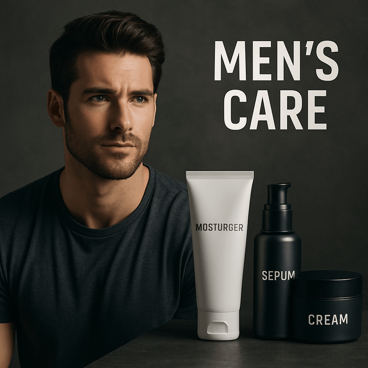 Man showcasing men's grooming products from the Men's Care Collection, including moisturizer, serum, and cream.